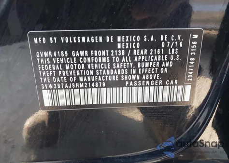 2017 Volkswagen Jetta 1.4T S из США, поврежденный, VIN 3VW2B7AJ9HM214879